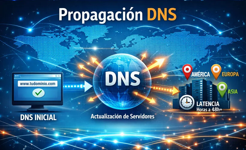 Conectar tu dominio a tu hosting. Flujo visual desde el DNS inicial hasta la propagación global.